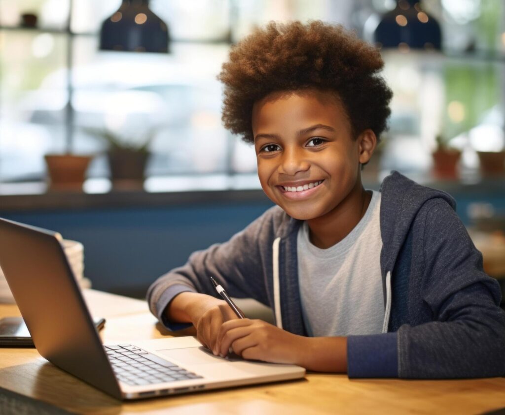 ai generated a small black boy working on his laptop computer at a desk with a smile free photo